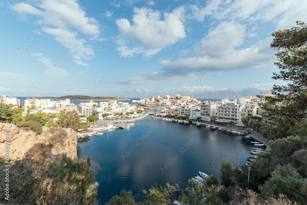View of Agios Nikolaos city and Voulismeni lake. Crete.