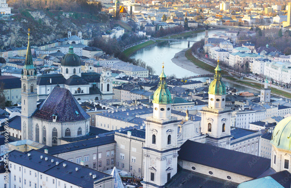 Naklejka premium Aerial panoramic view of historic city of Salzburg with Salzach river, Salzburger Land, Austria