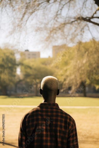 A black person has his back to the camera, looking out over a sunlit park, with a blurred background of trees and buildings.
