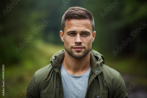 Generative AI portrait of attractive young man outdoors autumn landscape