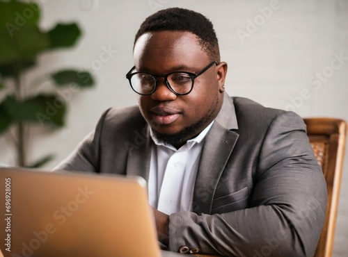 Chubby businessman working on his computer in his office