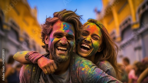 A beautiful couple immersed in the joy of the Holi festival, their faces and clothes adorned with vibrant, realistic splashes of colored powder