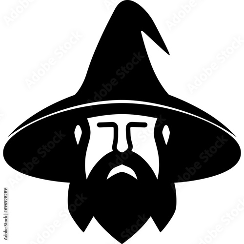 wizard with mystical hat and beard black vector icon logo