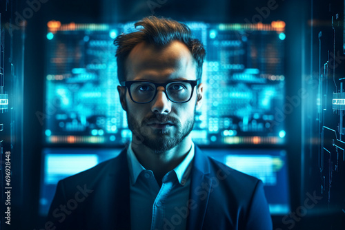 Secret hacker organization workplace data IT specialist near big screen with code Generative AI