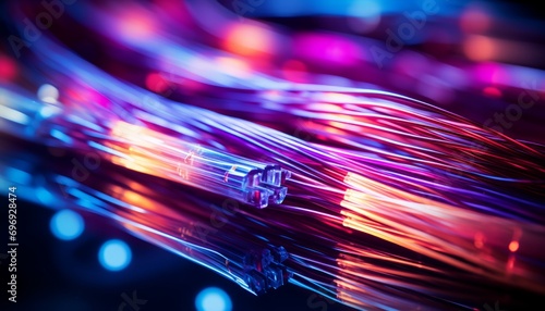 Abstract fiber optics cable wire light background with optical lighting and communication technology