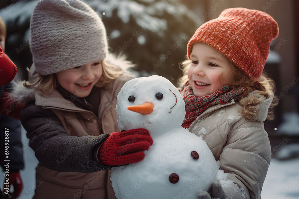 Obraz premium Happy children family making funny snowman outdoors spend weekend leisure outside Generative AI