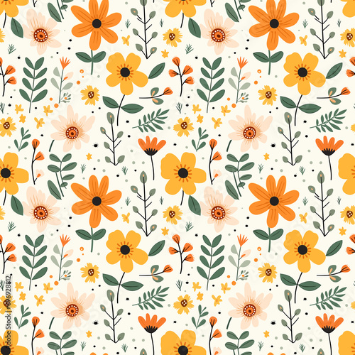 Flat illustration flowers summer seamless pattern. Yellow and orange on a white background. High-resolution