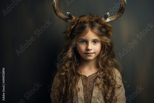 Little girl wearing reindeer horns on head winter costume Generative AI