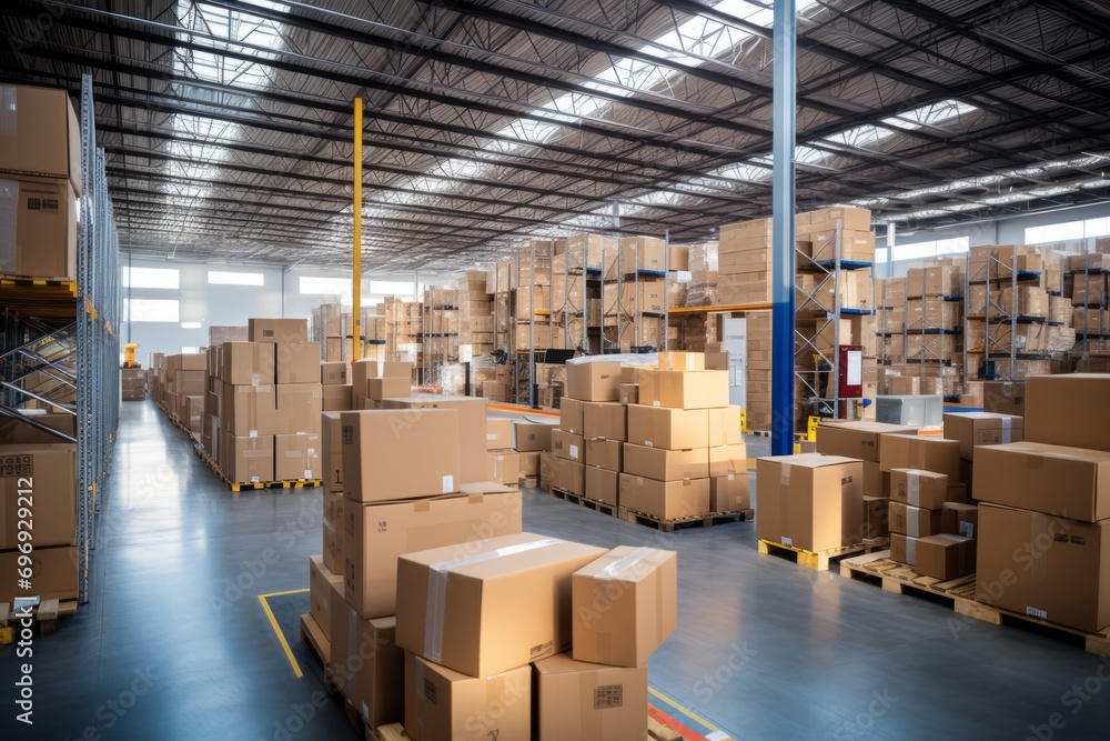 Efficient conveyor belt system moving multiple cardboard box packages in a busy warehouse Efficient conveyor belt system moving multiple cardboard box packages in a busy warehouse