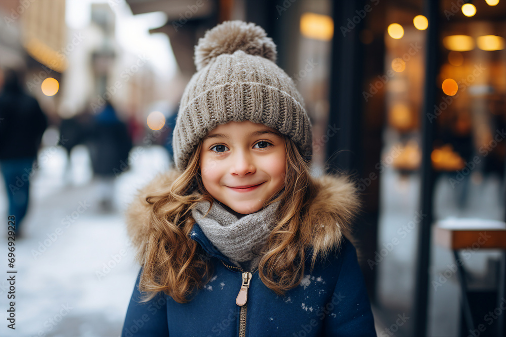 AI generated portrait of cheerful glad child walking in the winter city AI generated portrait of cheerful glad child walking in the winter city