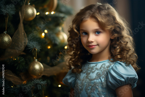 AI generated image of adorable girl on new year night christmas tree lights at the background