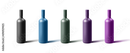 Set 3d realistic bottles of wine, different dark monochrome colours, wrapped glass bottle