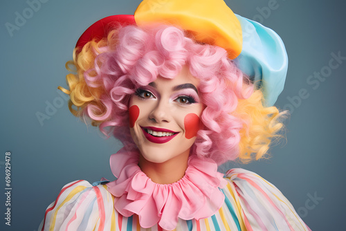 Woman dressed up with pastel colored clown costume with curly wig and face paint in front of blue background