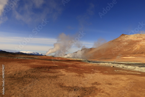 Hverarönd is a hydrothermal site in Iceland with hot springs, fumaroles, mud ponds and very active solfatares. It is located in the north of Iceland