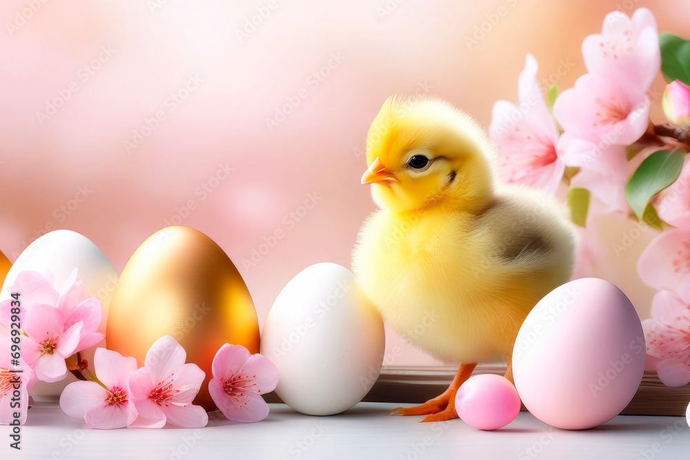 Easter holiday concept, composition with a small yellow chick and eggs on a cherry blossoms background. Easter holiday concept, composition with a small yellow chick and eggs on a cherry blossoms background.