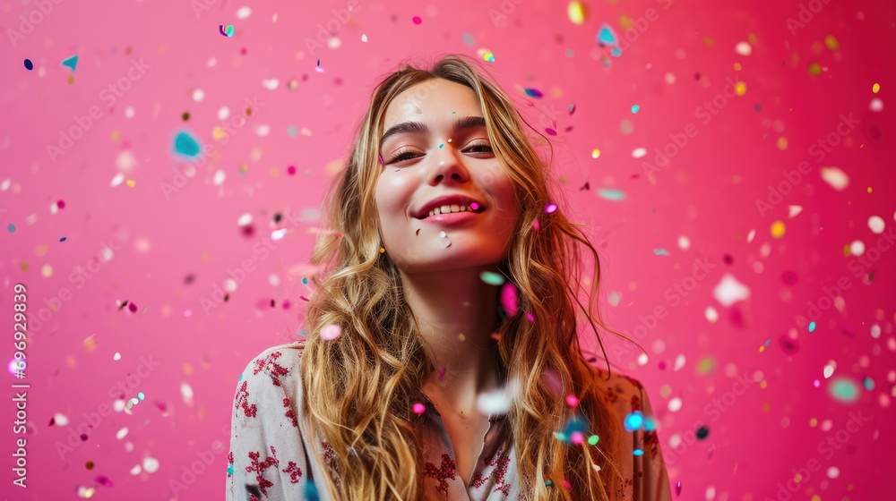 Young woman with party theme on pink background for celebration.