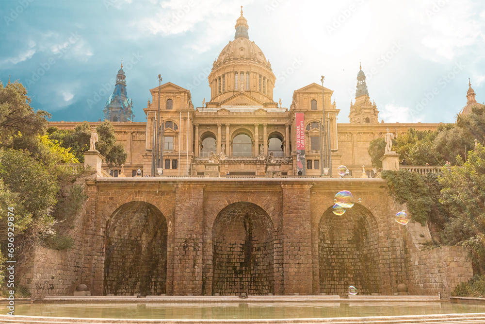 View of Montjuic fountain and National Museum in Barcelona. Spain.