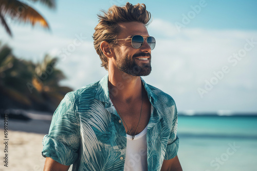 Generative AI portrait of beautiful landscape summer paradise exotic island traveler joy photo