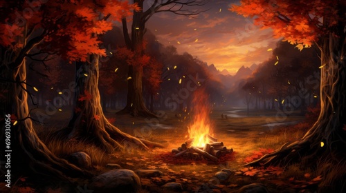 Welcome to the autumn equinox with a bonfire in the middle of an autumn park