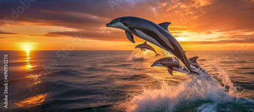 Verspielte Delfine springen fröhlich in den Wellen im Sonnenuntergang, Generative AI © pwmotion