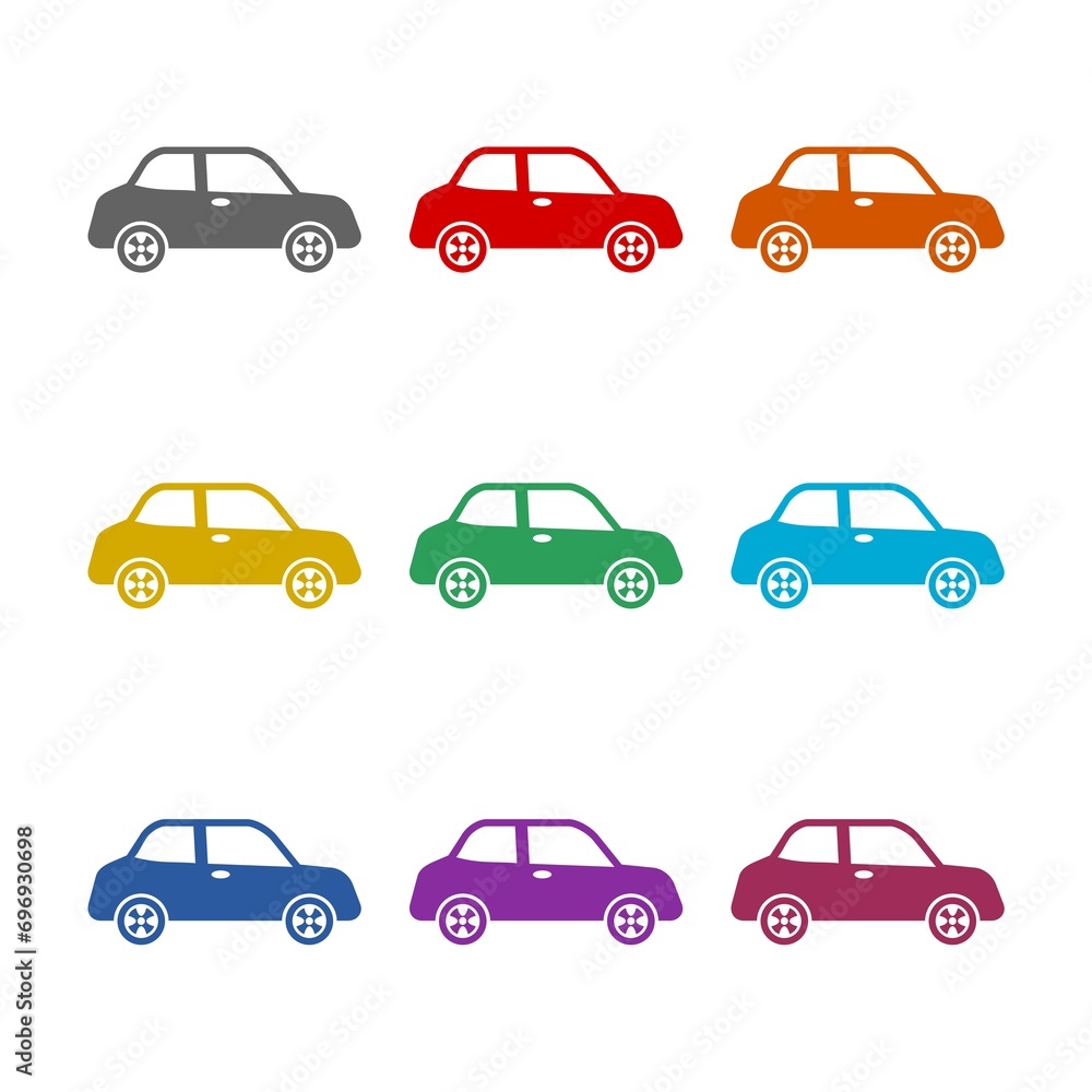  Car in Side View Silhouette  icon isolated on white background. Set icons colorful