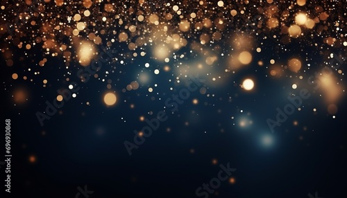 Golden bokeh particles on navy blue background with gold foil texture christmas holiday concept