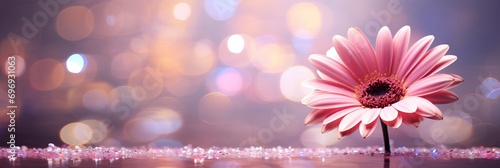 Pink gerbera daisy on magical bokeh background with ample copy space for text placement