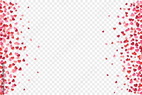Vector frame of falling red and pink hearts confetti on the transparent background. Heart confetti for Women's Day, Valentine’s Day, for greeting cards, wedding invitation.