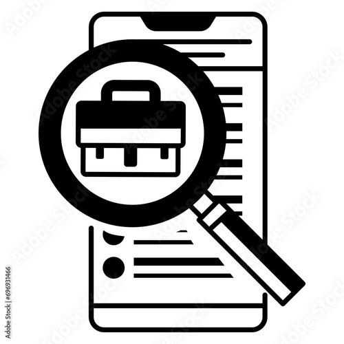 Job Hunting or finding mobile screen concept, Magnifying glass with bag on cellphone vector icon design, Unemployment symbol, Economic stagnation sign, financial crisis stock illustration