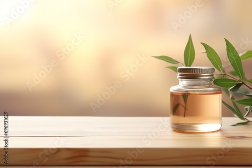 Organic skincare display on wooden counter with sunlight and leaf shadow on beige wallpaper