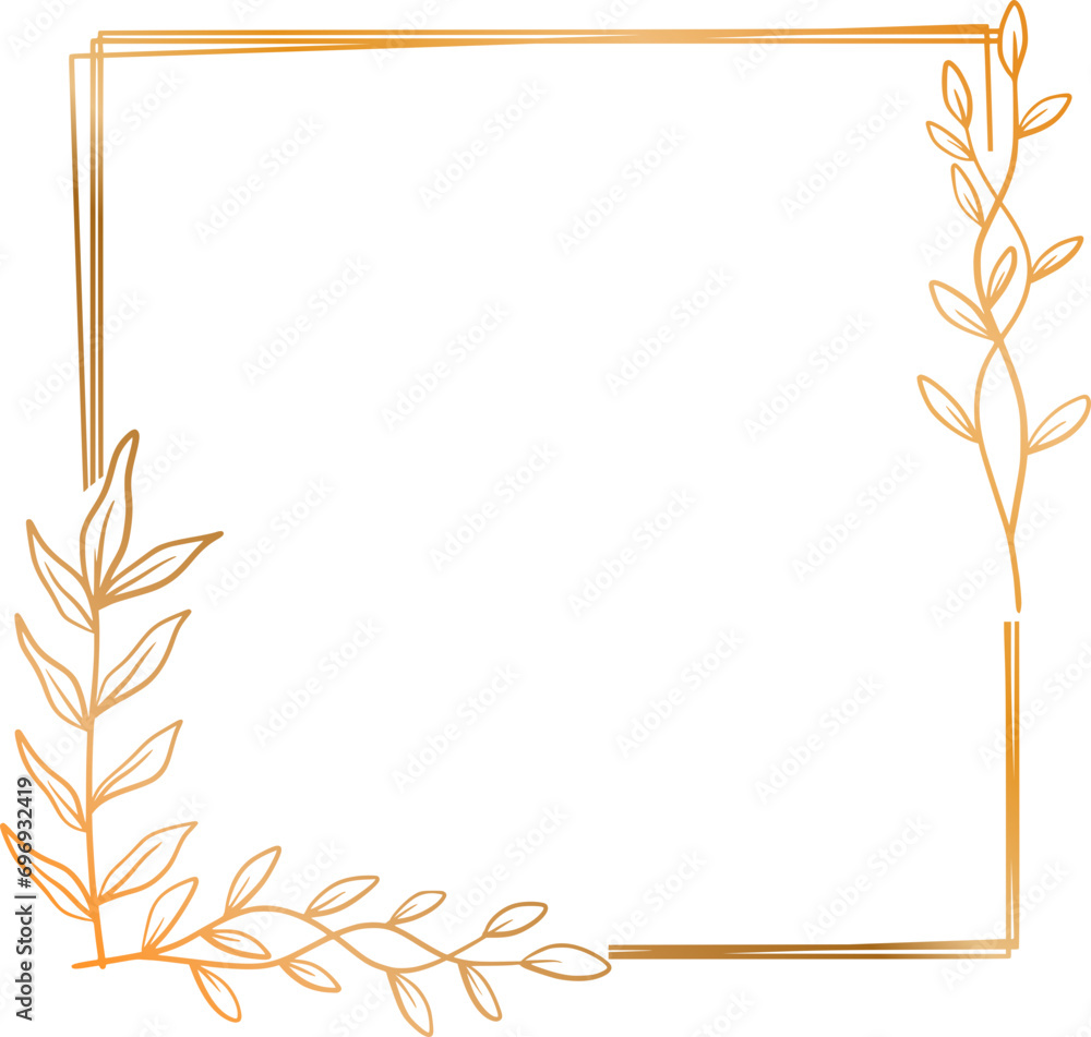 Elegant gold square floral frame with hand drawn leaves and flowers for wedding invitation Elegant gold square floral frame with hand drawn leaves and flowers for wedding invitation