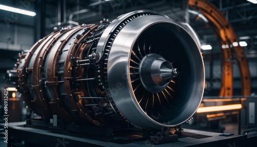 Modern industrial jet engine in a high tech futuristic factory