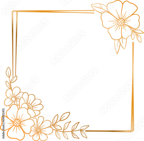 Elegant gold square floral frame with hand drawn leaves and flowers for wedding invitation