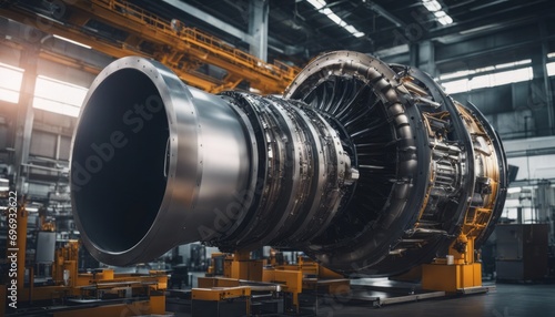 Modern industrial jet engine in a high tech futuristic factory