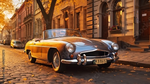 A Vintage Convertible Parked on a Cobblestone Street © ME_Photography