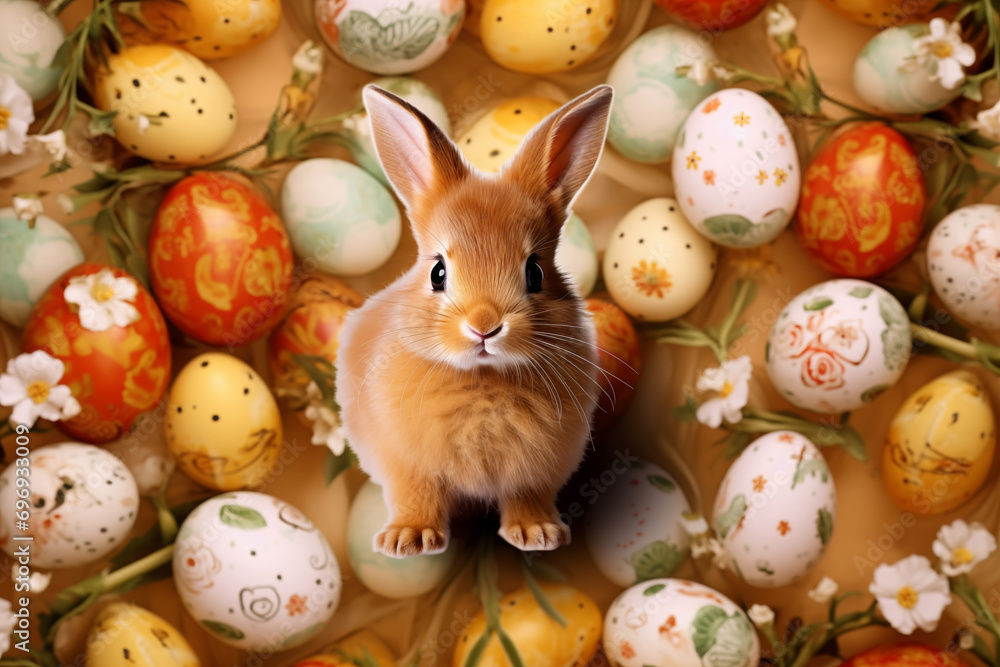 2:3 or 3:2 Eggs and bunnies mark the arrival of Easter, commemorating the resurrection of Jesus and spring.for backgrounds screens greeting card or other High quality printing projects.