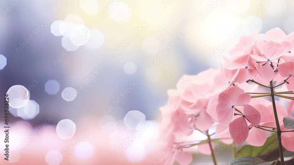 Pink hydrangea on right side with magical bokeh effect background, text space on left