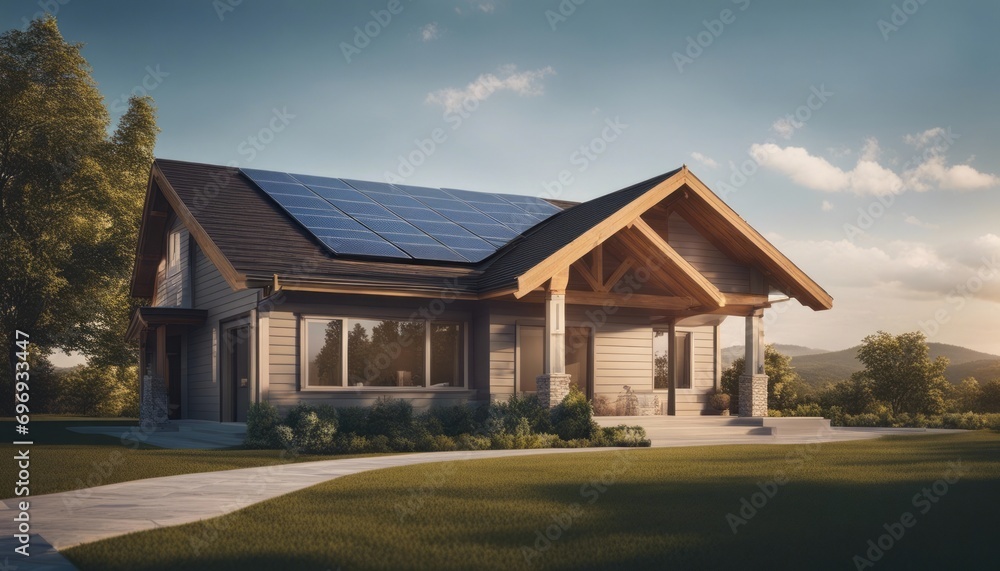 Newly constructed home with solar panels on the roof under a bright sky - obrazy, fototapety, plakaty 
