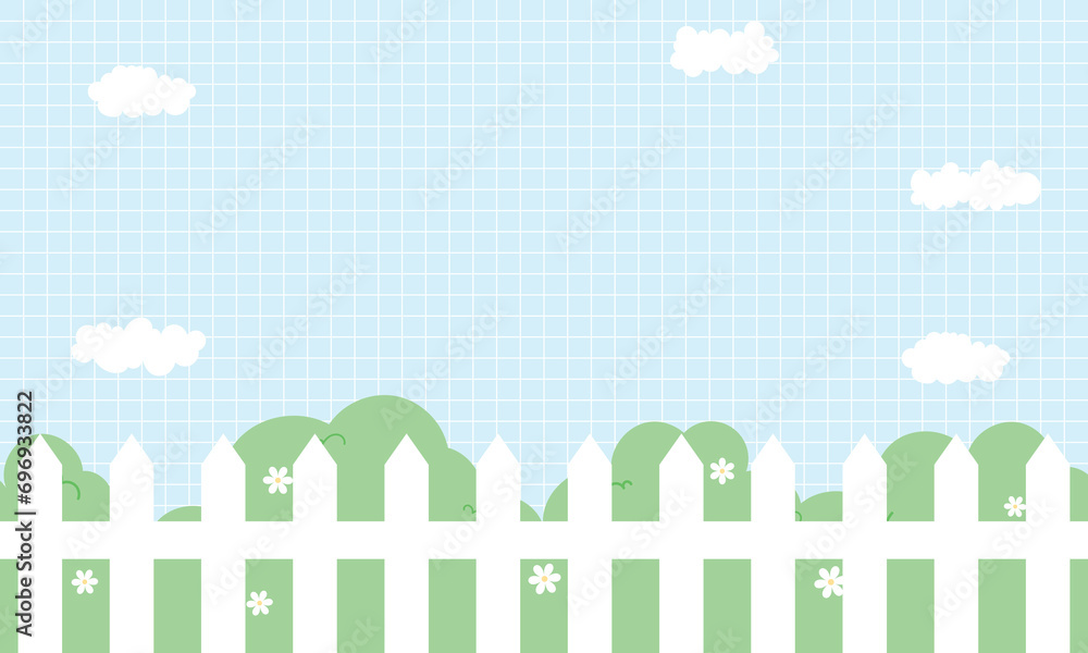 Cute Kawaii Grid Clouds Grass and fence cartoon background Cute Kawaii Grid Clouds Grass and fence cartoon background
