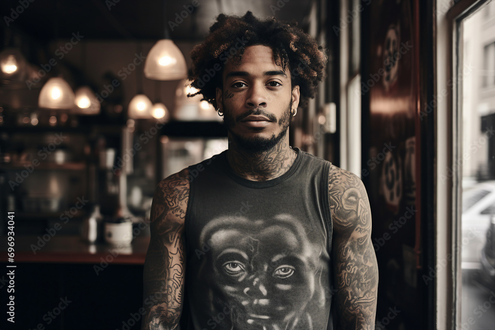 Picture of confident tattooed modern man in bar made with generative ai