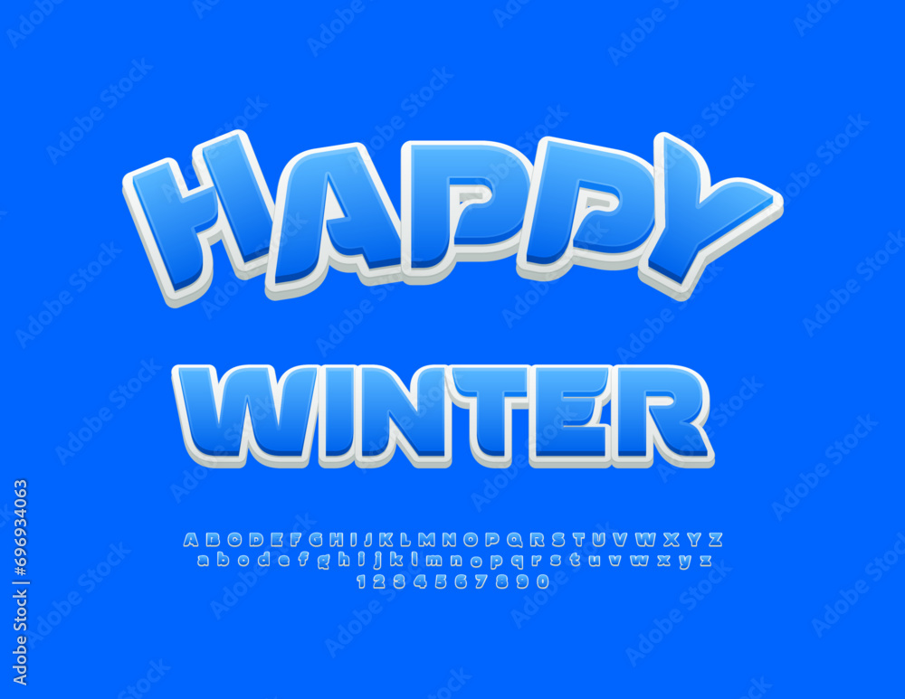 Vector Playful Poster Happy Winter. Modern Blue Font. 3D Artistic Alphabet Letters and Numbers Vector Playful Poster Happy Winter. Modern Blue Font. 3D Artistic Alphabet Letters and Numbers