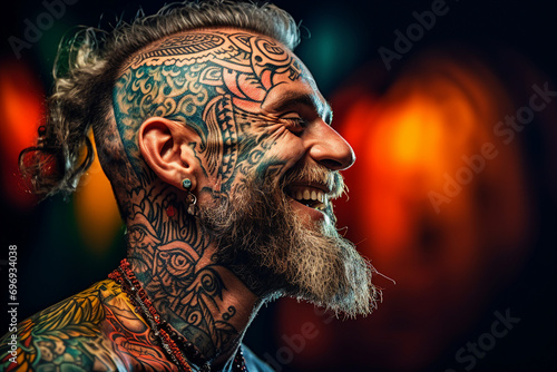 Generative ai close up photography of man with tattoo on head face isolated on dark background