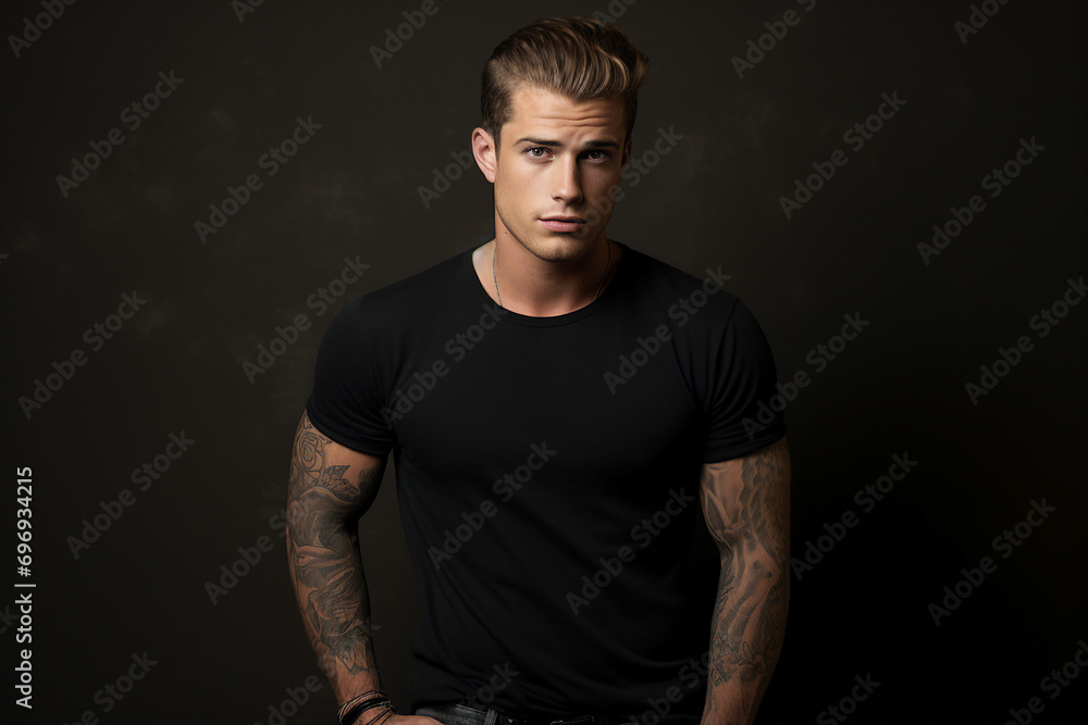 Naklejka premium Generative ai photo image of a confident man with tattooed hands isolated on grey color background