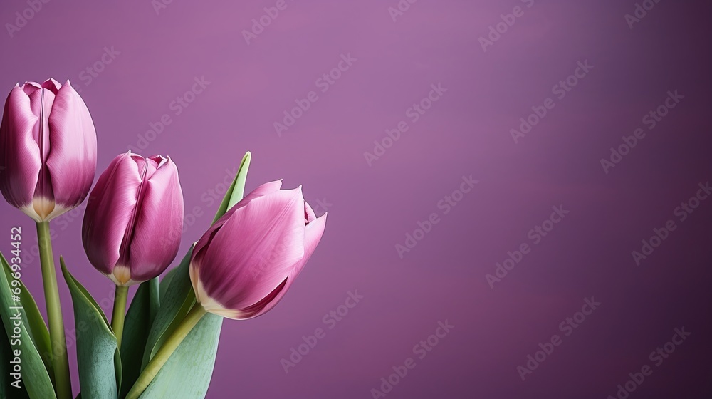 Obraz premium Elegant purple tulips on right side with isolated background and copy space for text.