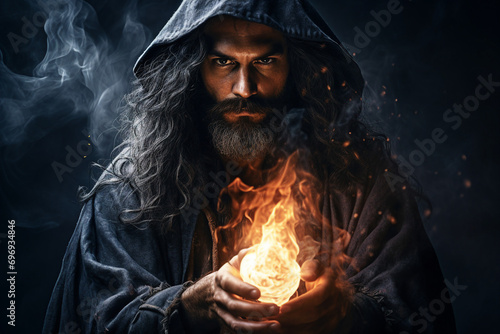 Generative AI image picture of powerful elements wizard practicing ice water air fire magic video game character