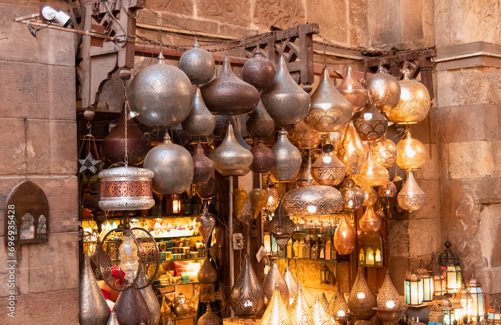 Copper and brass lanterns for sale at Khan Al Khalili Bazaar Copper and brass lanterns for sale at Khan Al Khalili Bazaar
