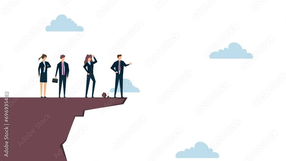Wrong decision making, 4k Animation of Stupid boss manager directing employees to jump off a cliff. Wrong decision making, 4k Animation of Stupid boss manager directing employees to jump off a cliff.