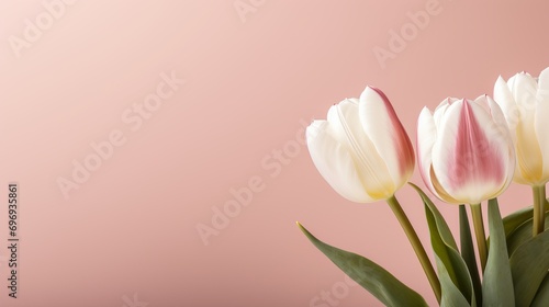 Beautiful white tulips on pink isolated background with ample copy space for text placement