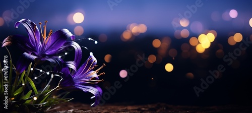 Purple lily with magical bokeh background   isolated flower with copy space for text placement