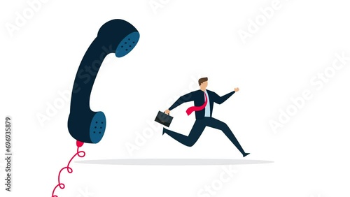 Customer complaint, 4k Animation of Businessman or product owner running from an irate consumer or client on the phone. photo